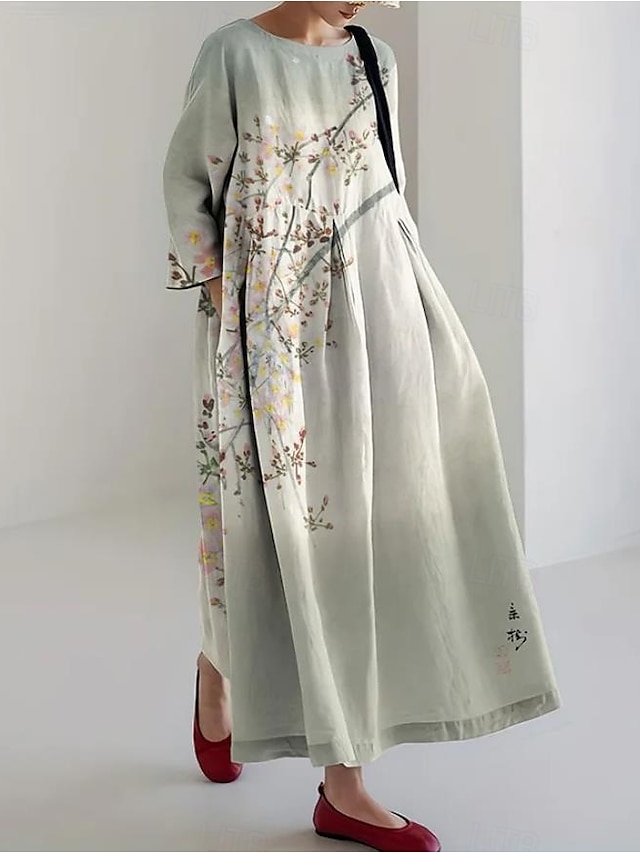  Robe Maxi Femme Robe Décontractée Vacances Coupe ample Florale Graphique Lin semblable Manches 3/4 Col rond Vert Printemps Automne Hiver