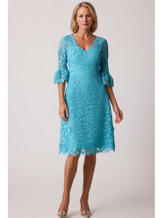 Vintage A-Line 3/4 Length Sleeve V Neck Satin Bow(s) Tea-Length Mother of the Bride Dress