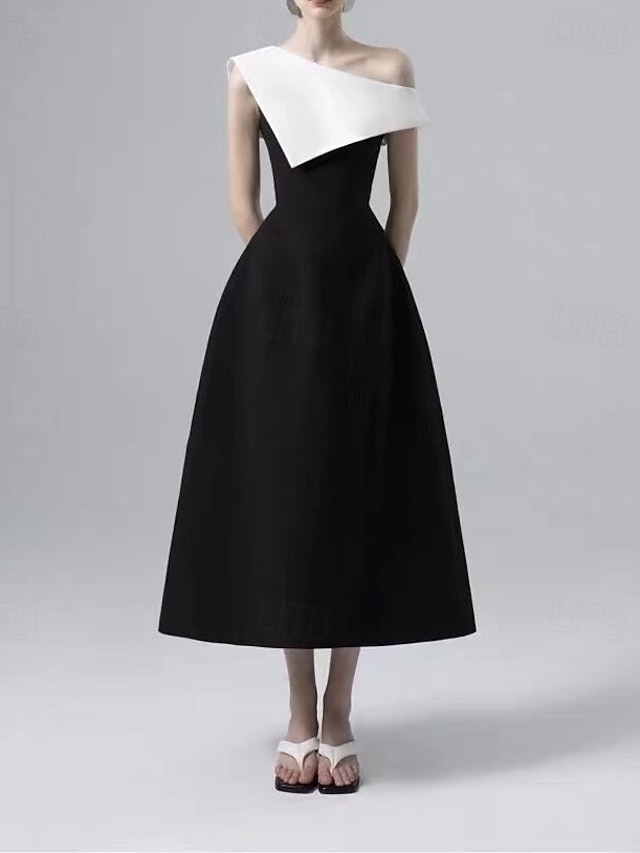  Robe de cocktail A-Line robe élégante retour à la maison cocktail party longueur thé sans manches une épaule poche mélange coton dos nu avec volants poche robes