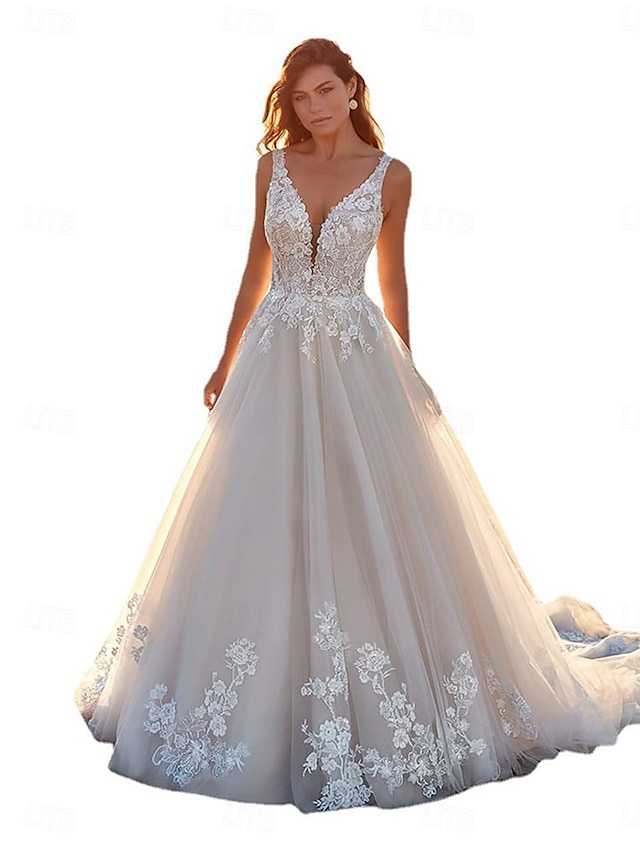  Rochii de Nuntă Tip Ball Gown Guler în V Fără Umăr Bretele Subțiri Tren de Capelă Chiffon Rochii de Mireasă cu Plisare
