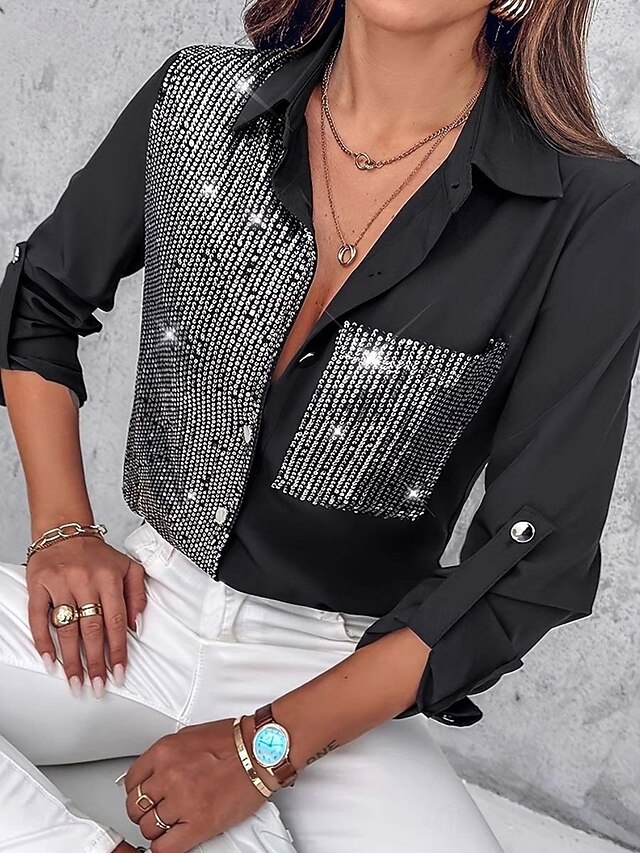 Women's Shirt Solid Color Elegant 3/4 Length Sleeve Crew Neck Regular Tops Black Summer Spring3