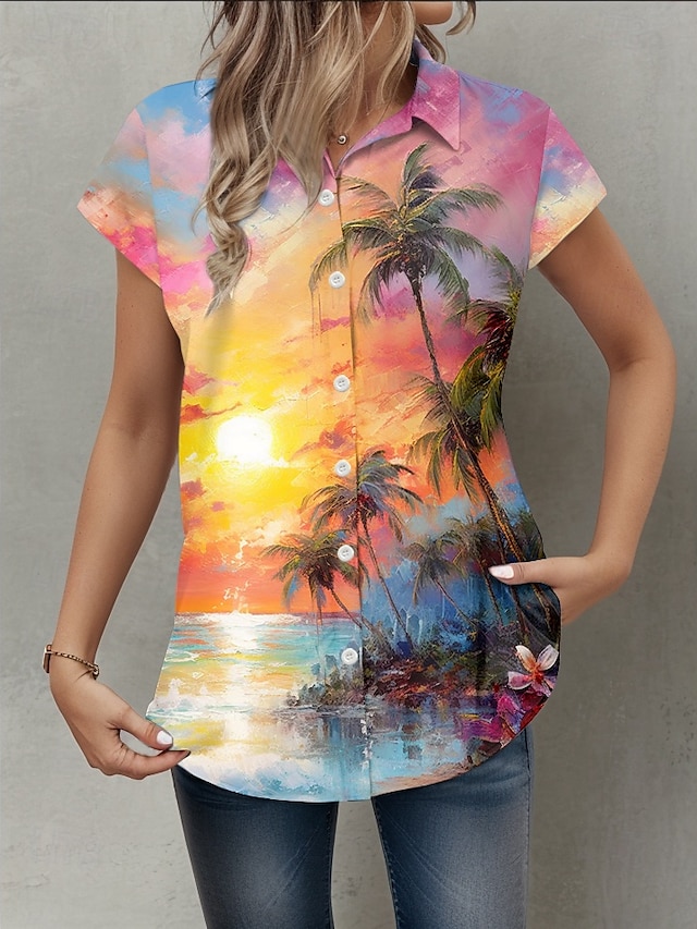 Women's Shirt Leaf Tree Hawaiian Tropical Hawaiian Short Sleeve Shirt Collar Regular Tops Buttons Print Rainbow Summer