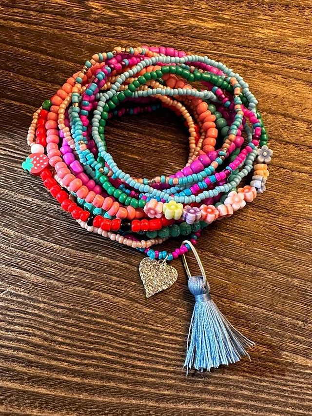  Bohemian Perlen Wickelarmband Set – mehrfarbige handgefertigte Stretch-Armbänder mit Quaste und Anhänger, trendiger mehrlagiger stapelbarer Schmuck für Frauen und Mädchen, perfekt für Sommer, Strand und Festivals