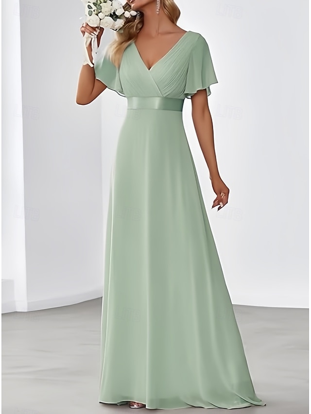  vestido de dama de honra linha a decote em v manga curta elegante comprimento até o chão chiffon com faixa / fita / franzido 2025
