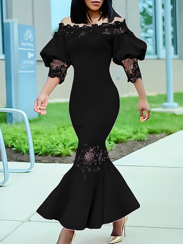  Vestido Maxi Feminino Kentucky Derby Vestido Sexy Vestido de Manga Bufante Elegante Festa Formal Convidada de Casamento Compromisso Ajuste Regular Gráfico de Manga 3/4 Ombro Caído Preto Branco Rosa