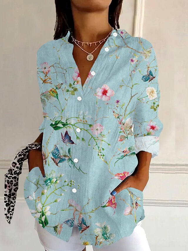 Women's Shirt Button Down Tunic Shirt Collar Long Sleeve Floral Graphic Daily Stylish Retro Vintage 3/4 Length Sleeve Regular Tops Daily Holiday Going out s Light Blue Spring4