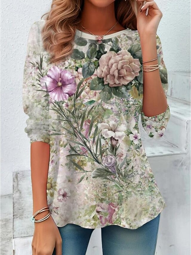 Women's T shirt Long Sleeve Crew Neck Long Sleeve Tunic Floral Elegant Vintage Casual Regular Tops Daily Print Sage Green Spring Fall Prefall4