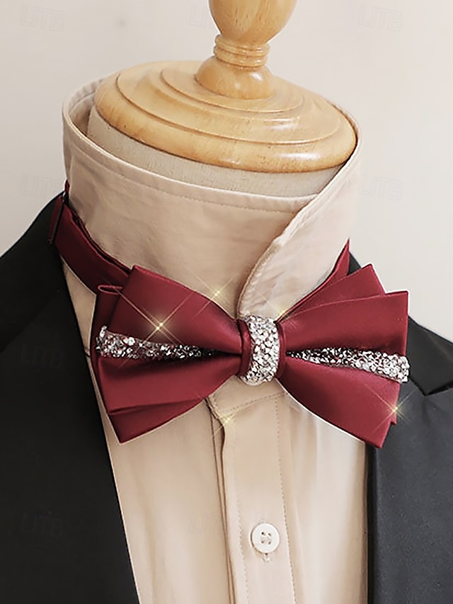  nœud papillon en satin bordeaux avec ornement en cristal – accessoire formel élégant pour hommes pour les mariages, les fêtes et les événements spéciaux