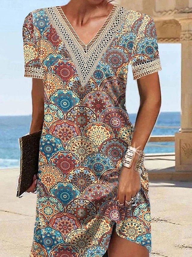  Női Mini ruha hétköznapi ruha Boho ruha Stílusos Alkalmi Vakáció Napi Normál Grafika Rövid ujjú V-alakú Sárga Nyár