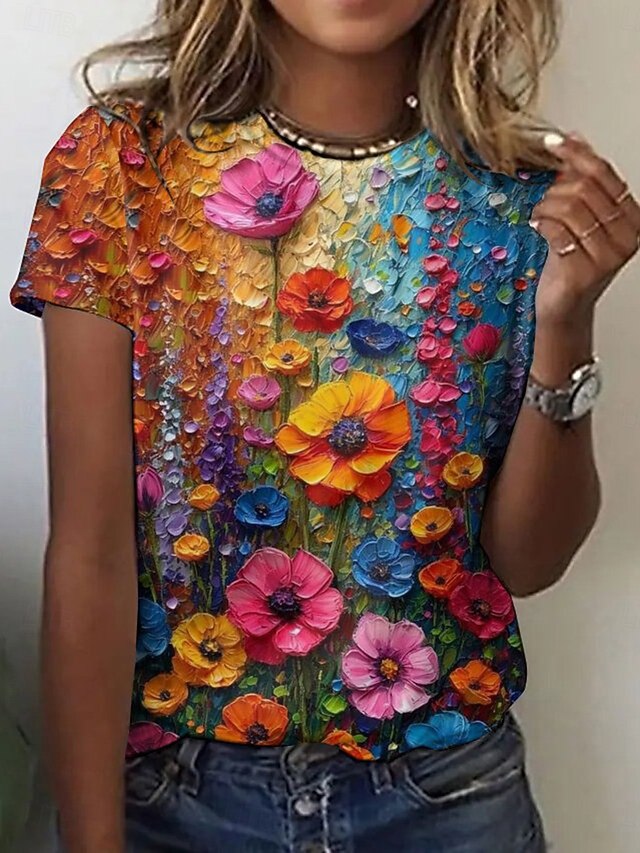 Women's T Shirt Floral Color Block Casual Short Sleeve Round Neck Regular Tops Daily Print Rainbow Summer4