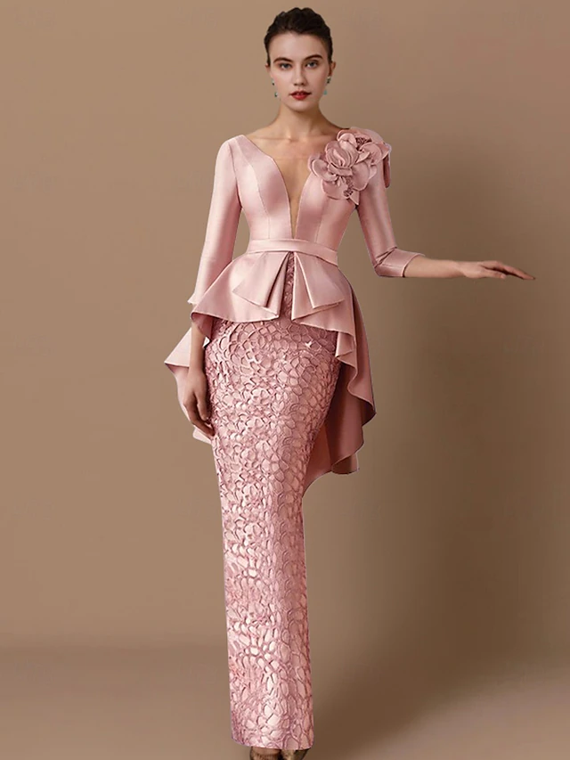 Sheath Mother of the Bride Dress Wedding Guest Elegant Party V Neck Floor Length Satin Lace 3/4 Length Sleeve with Appliques Cascading Ruffles Flower 9