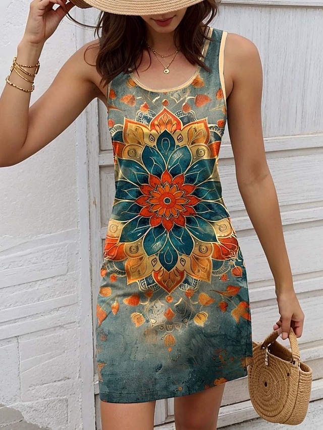  Pentru femei Rochie Mini Rochie A line Rochie de vară Rochie cu umeri Vacanță Casual Zilnic Potrivire Largă Grafic Geometric Fără manșon În U Trifoi Vară
