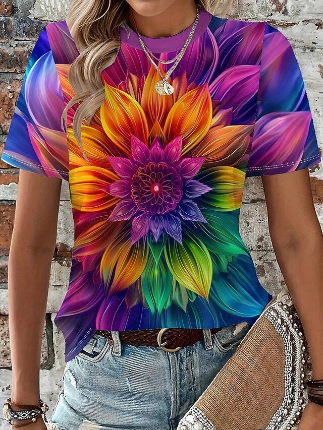 Women's T Shirt Sunflower Casual Short Sleeve Round Neck Regular Tops Daily Print Purple Summer4