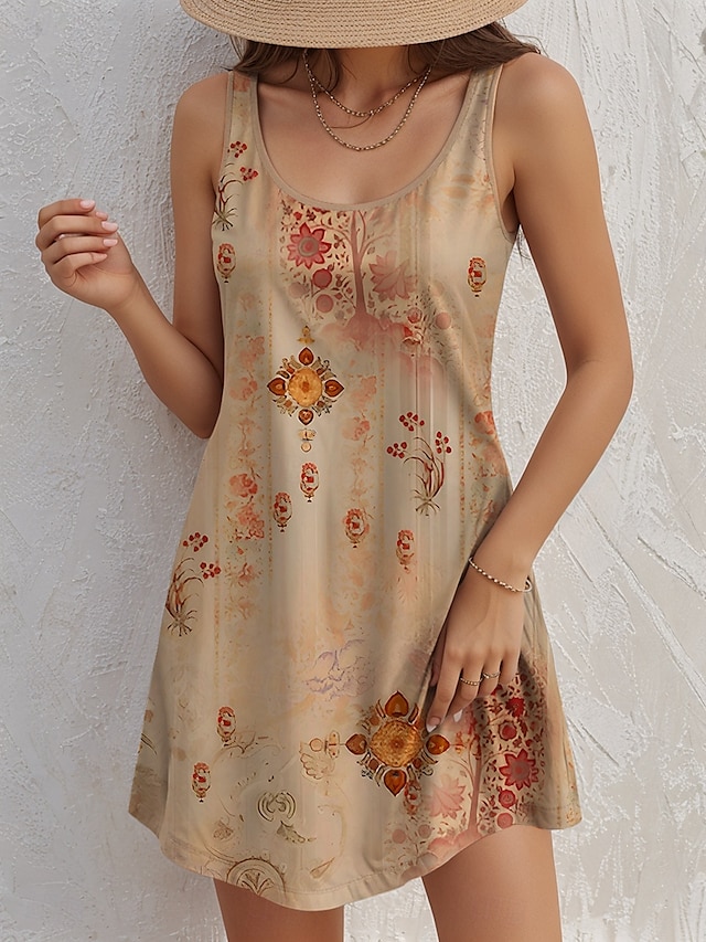  Women's Mini Dress A Line Dress Tank Dress Vintage Stylish Casual Daily Regular Fit Floral Vintage Sleeveless U Neck Khaki Summer Spring