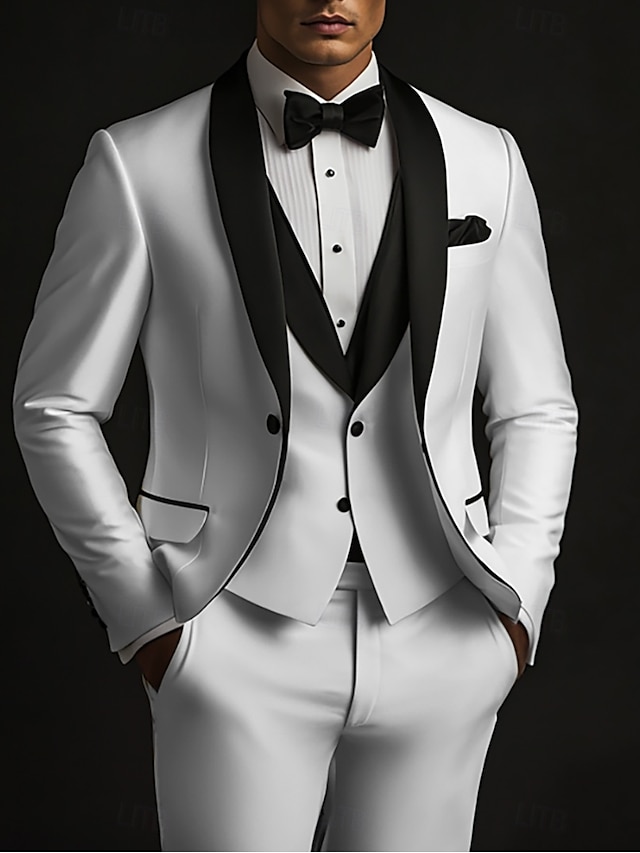  Costumes de mariage pour hommes Tuxedos blancs mode formelle à col boutonné 3 pièces ajustement standard
