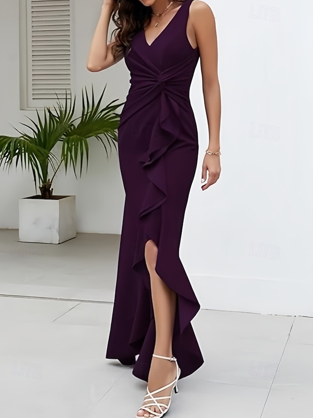  Trapèze Robes d'invité de mariage Fente latérale Robe robe demoiselle d honneur Asymétrique Sans Manches Col V Invité de mariage d'automne Crêpe Stretch avec Ruché Volants Fendue 2025