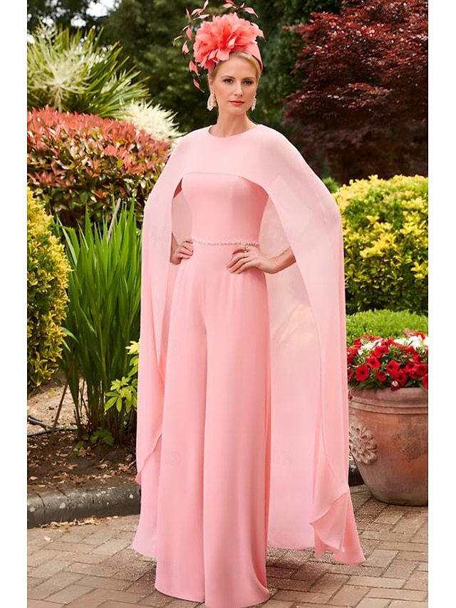  Jumpsuit colonne rose bleu formel mère de la mariée mariage élégant vintage col bijou longueur au sol chiffon extensible manches courtes avec ceinture  ruban robe de jour de course