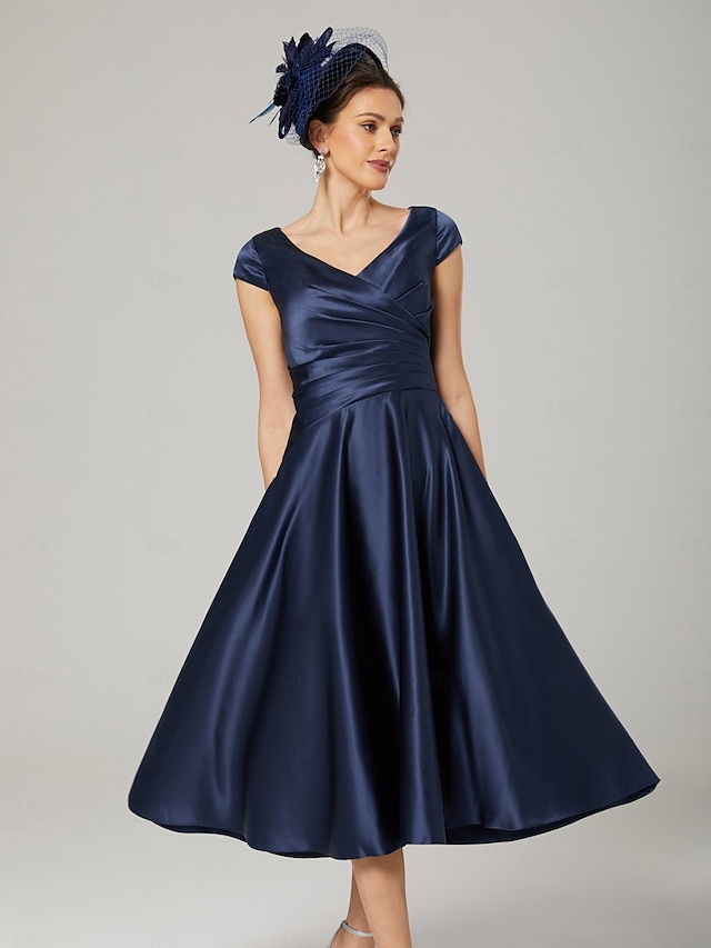  Abito A-Line Abito per Madre della Sposa Elegante Collo a V Lunghezza Te Charmeuse Senza Maniche con Ruches