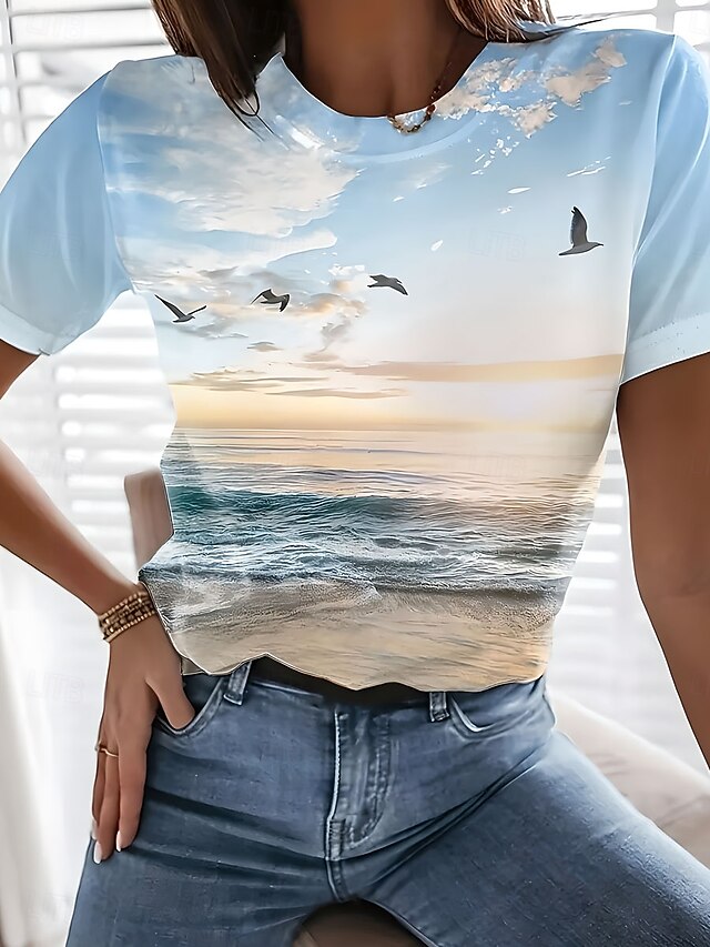 Women's T Shirt Ocean Casual Short Sleeve Round Neck Regular Tops Daily Print Blue Summer4