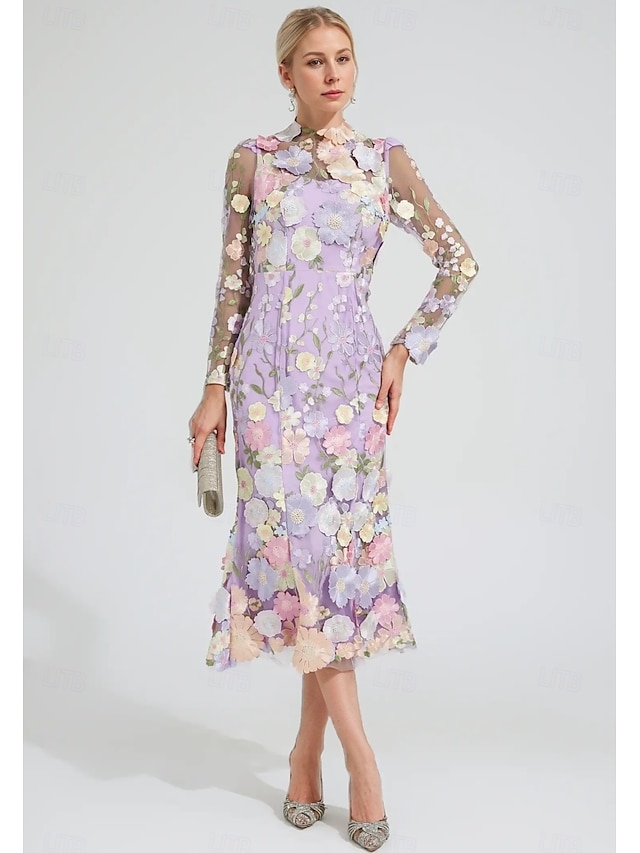  Floral Embroidered A-Line Dress Mother of the Bride Dress Wedding  Elegant Vintage Illusion Neck Ankle Length Tulle Long Sleeve with Appliques Flower 2025