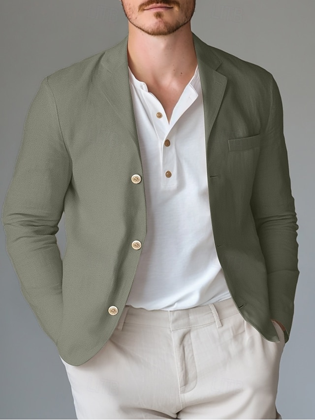  Herr Lättviktsjacka Linne blazer Utomhus Kontor Dagligen Vår & sommar Bomull och linne Ensfärgat Bekväm Enkelknäppt Blazer Ljusgrön Marinblå Khaki grön
