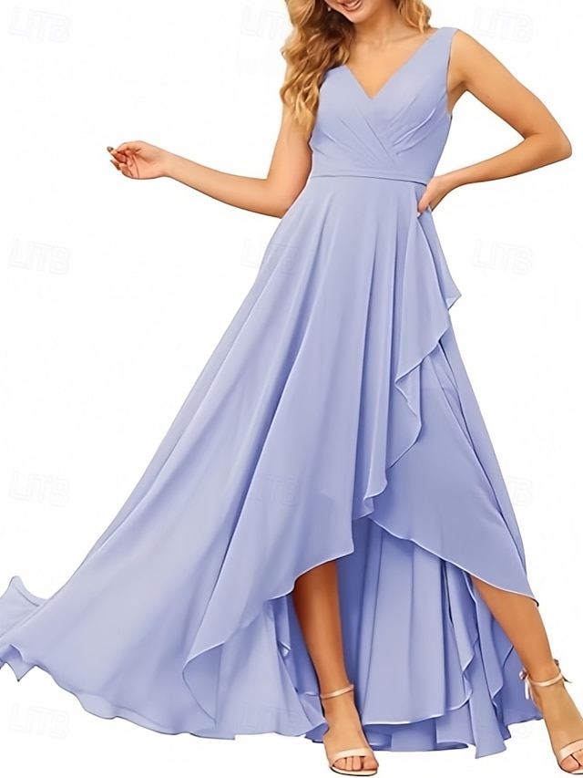  Linea ad A Vestito da damigella Scollo a V Senza Maniche Elegante Asimmetrico Chiffon con Volant / Arricciatura 2022
