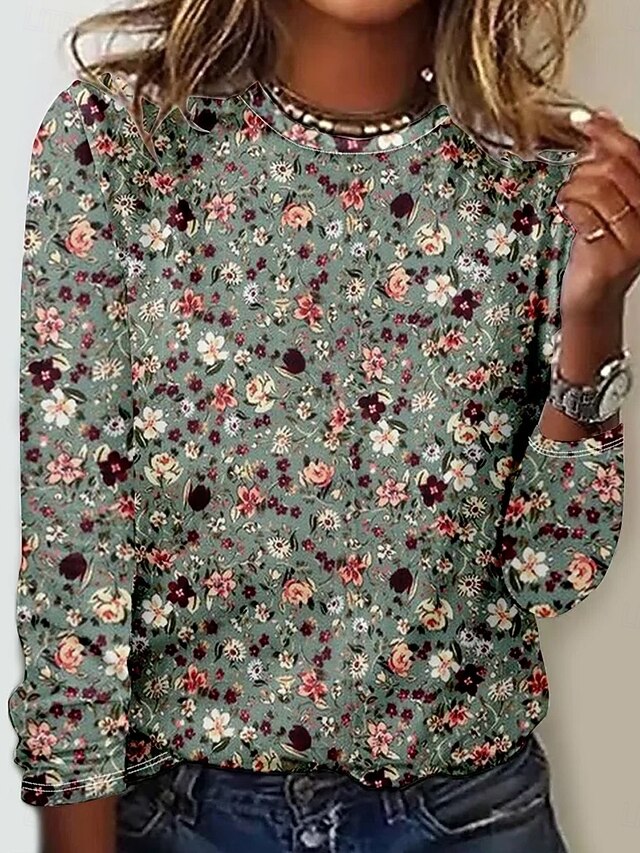 Women's T shirt Crew Neck Long Sleeve Tunic Floral Elegant Vintage  Regular Tops Daily Going out Weekend Print Sage Green4