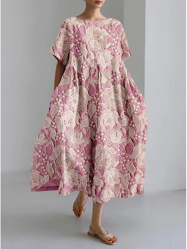 Women's Maxi Dress Casual Dress Casual Vacation Loose Fit Floral Graphic Linen Like 3/4 Length Sleeve Crew Neck Pink Spring Fall Winter4