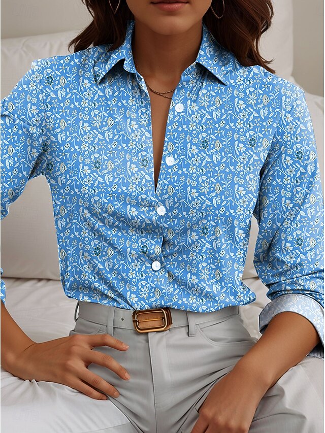 Women's Shirt Button Down Tunic Shirt Collar Long Sleeve Floral Casual Regular Tops Work Daily s Print Blue Spring Fall Winter4