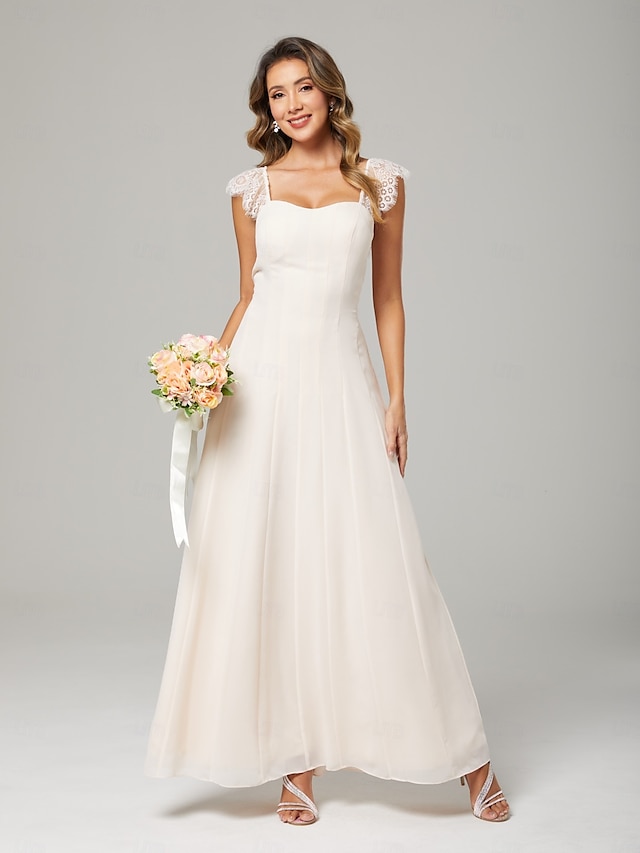  Två Delar Brudens Mor Klänning Bröllopsgäst Elegant Fest Fyrkantig Halsringning Ankel Längd Chiffon Spets 3/4 Längd Ärmar med Plisseringar Enfärgad