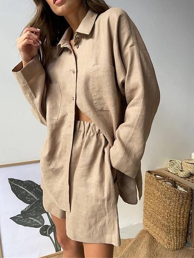  Pentru femei Modă Șic Stradă Cămașă Seturi inspirate de in Seturi din două piese Pantaloni scurți de plajă Pantaloni scurți largi Manșon Lung Guler Cămașă Culoare solidă Cordon Vacanță Purtare Zilnică