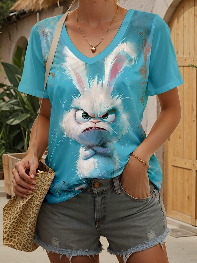  Pâques Femme T shirt Graphic Animal mode Décontractées Manche Courte Col V Hauts réguliers du quotidien Imprimer Bleu Eté Printemps