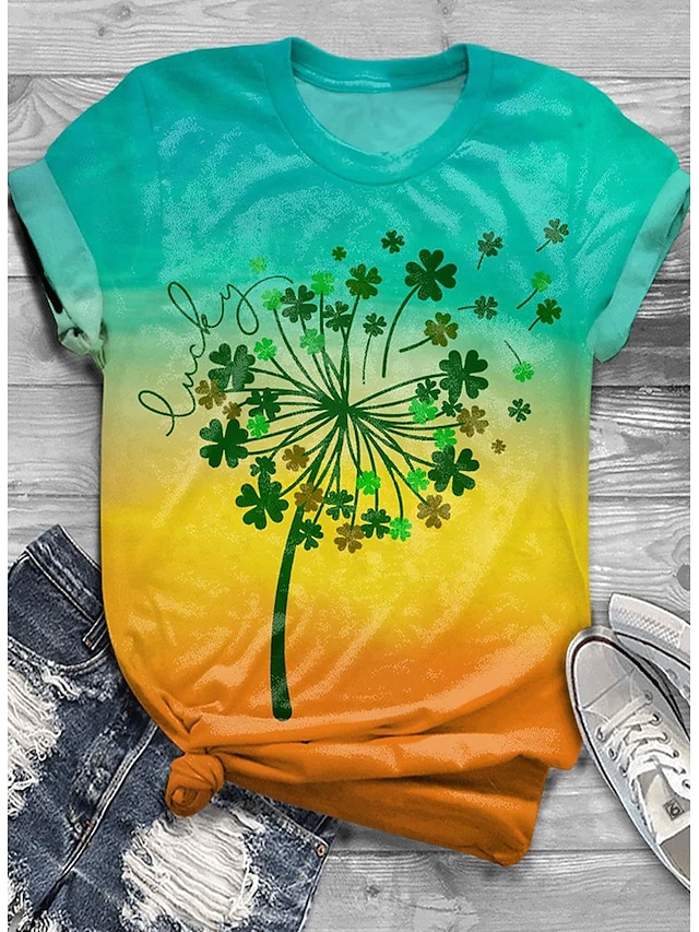  St. Patrick Dame T skjorte Planter Fritid Kortermet Rund hals Vanlige topper Daglig Trykt mønster Blå Sommer