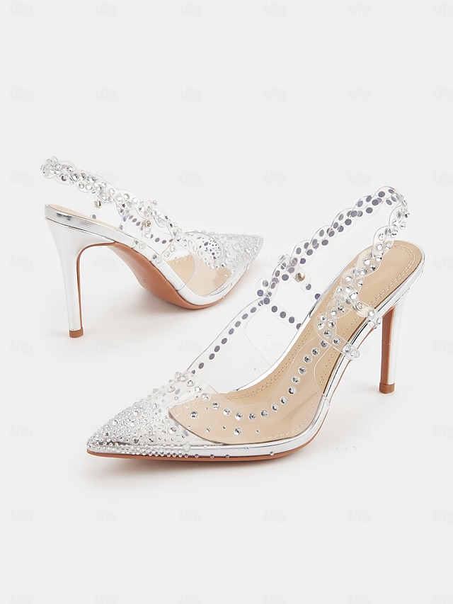  scarpe con tacco a spillo trasparenti da donna con cinturino posteriore e dettagli in strass – eleganti scarpe da sposa e da ballo