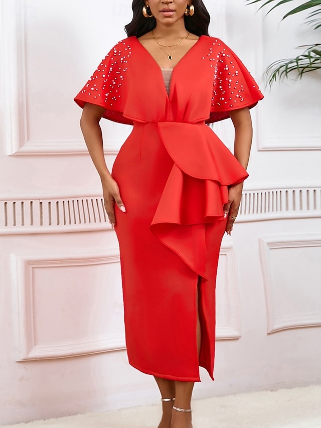  Kentucky Derby Damen Midi Kleid Bodycon Kleid Puffärmel Kleid Elegant Formal Cocktail Formal Party Hochzeitsgast Reguläre Passform Grafisch Kurzarm V-Ausschnitt Schwarz Weiß Gelb Rot Sommer