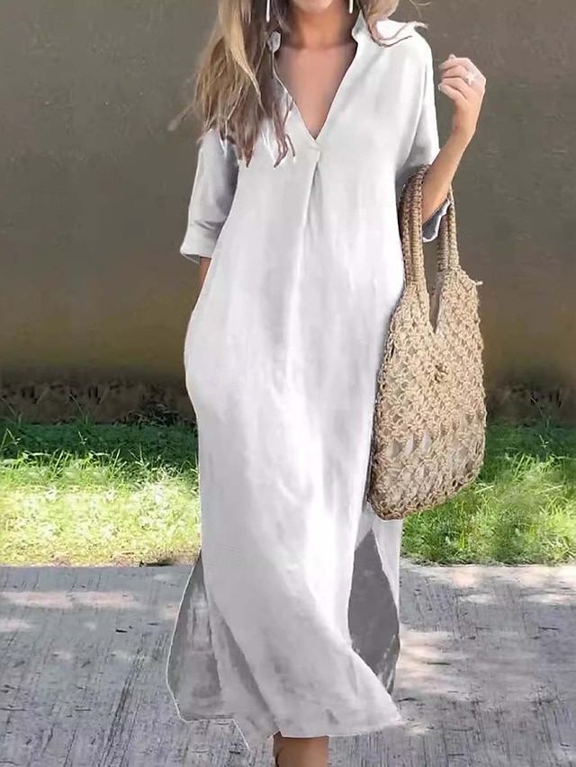  Femmes Robe Longue Maxi Robe Robes inspirées du lin Élégant Coupe régulière Demi Manches Col en V Noir Blanche Été Printemps