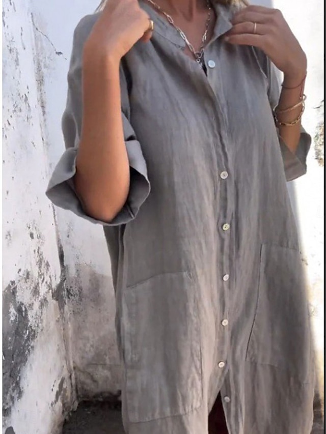  Damen Langes Kleid Maxikleid Baumwoll-Leinen-Kleider Hemdblusenkleid Freizeitkleid Basic Lässig Urlaub Lässig Täglich Lässiger Schnitt Einfach Halbarm Hemdkragen Blau Grün Khaki Grau Sommer Frühling