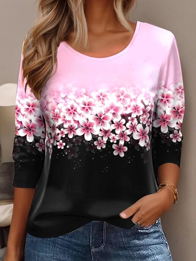 Women's T shirt Crew Neck Long Sleeve Tunic Floral Elegant Vintage  Regular Tops Daily Going out Weekend Print Pink4