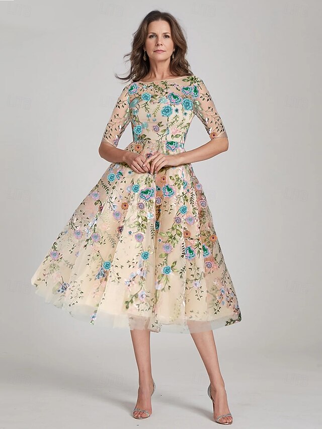 A-Line Tea Length Half Sleeves Appliques V Neck Mother of the Bride Dress