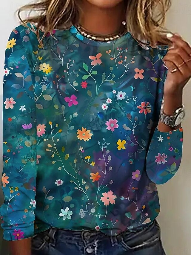 Women's T shirt Crew Neck Long Sleeve Tunic Floral Graphic Casual  Regular Tops Daily Print Blue Spring Fall4