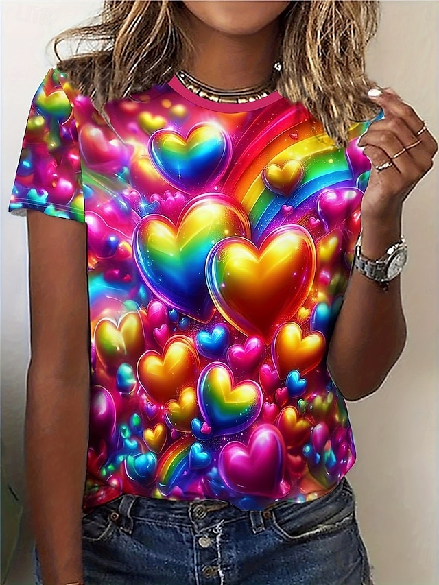  Women's T Shirt Heart Casual Short Sleeve Round Neck Regular Tops Daily Print Fuchsia Summer