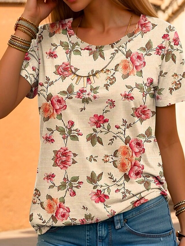 Women's T Shirt Petite Summer Tops Floral Graphic Elegant Bohemia Vintage Short Sleeve Butterfly Sleeve Crew Neck Regular Tops Daily Going out Weekend Print White Summer4