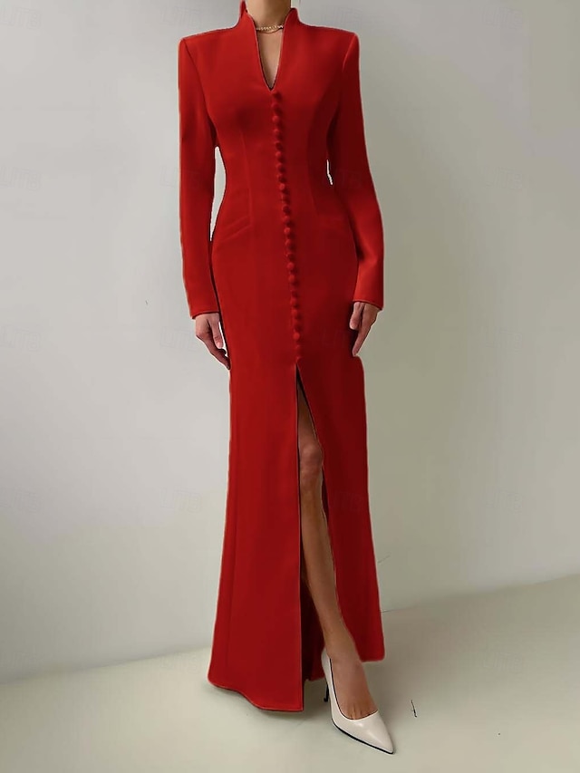  Mermaid / Trumpet Mother of the Bride Dress Tuxedo Dress Elegant High Split V Neck Floor Length Satin Long Sleeve with Slit