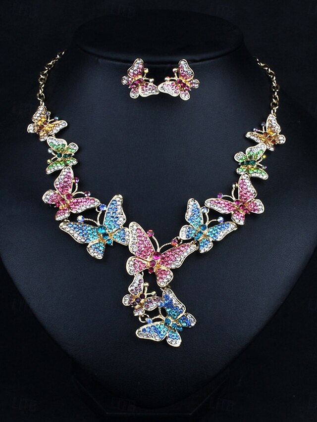  Juego de joyería traje de una pieza circonio cúbico cromo 1 collar aretes elegante mujer vintage moda estilo vintage clásico juego de joyería mariposa para fiesta de boda