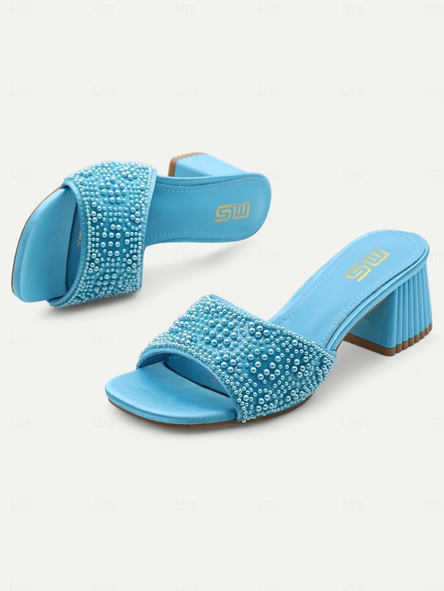  Women's Light Blue Pearl-Embellished Block Heel Mules – Elegant Open-Toe Slip-On Sandals for Summer Parties & Evening Wear