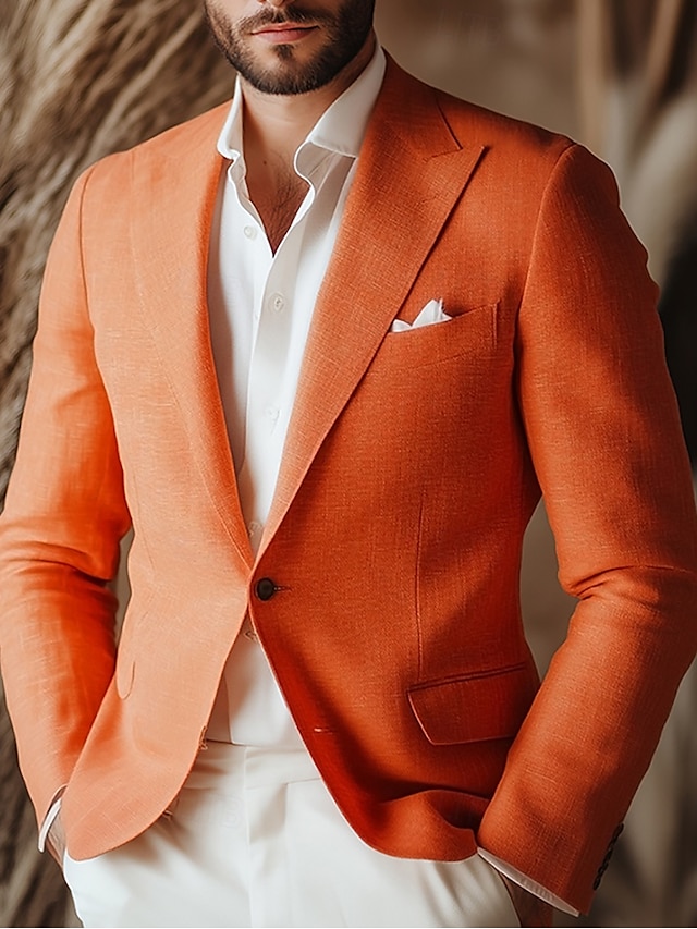  Giacca blazer in lino sportiva moda casual estivi a tinta unita gialla arancione beige adattamento standard monopetto a un bottone
