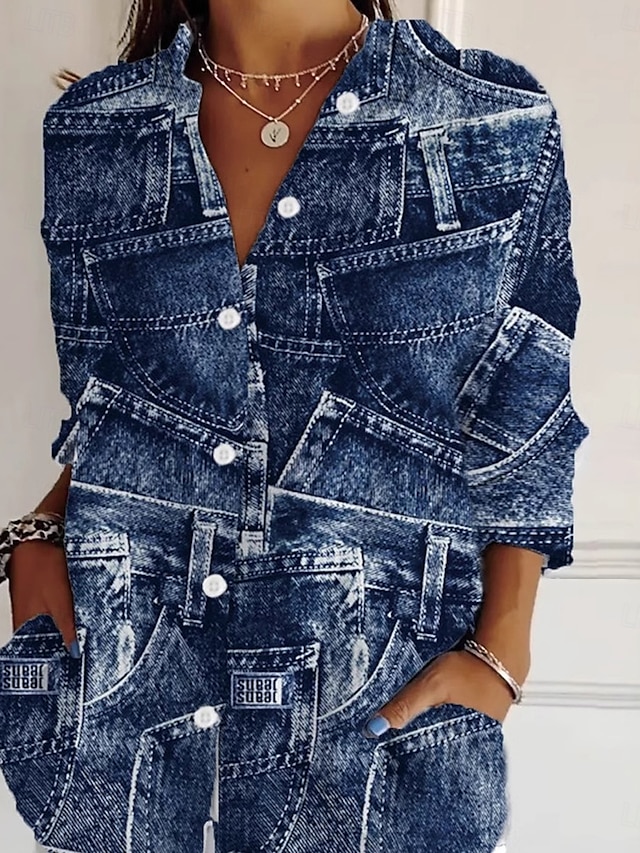  Women's Shirt 3D Print Graphic Geometric Daily Stylish Retro Vintage 3/4 Length Sleeve Shirt Collar Regular Tops Daily Holiday Going out Buttons Denim Blue Summer Spring