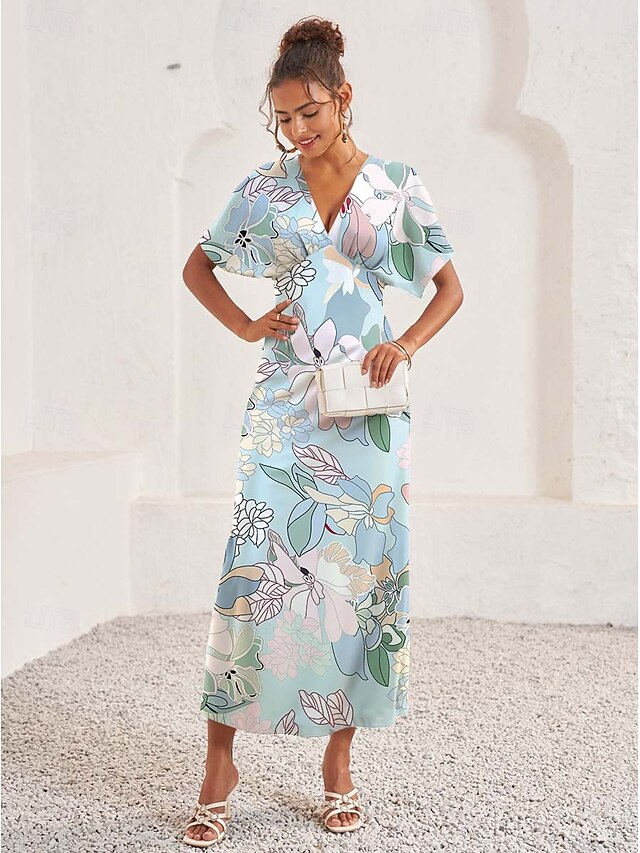 Women's Midi Dress A Line Dress Elegant Vintage Stylish Vacation Wedding Guest Engagement Regular Fit Graphic Vintage Short Sleeve V Neck Blue Summer4