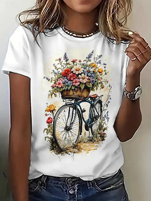  Femme T shirt Floral Décontractées Manche Courte Col Rond Hauts réguliers du quotidien Imprimer Blanche Eté