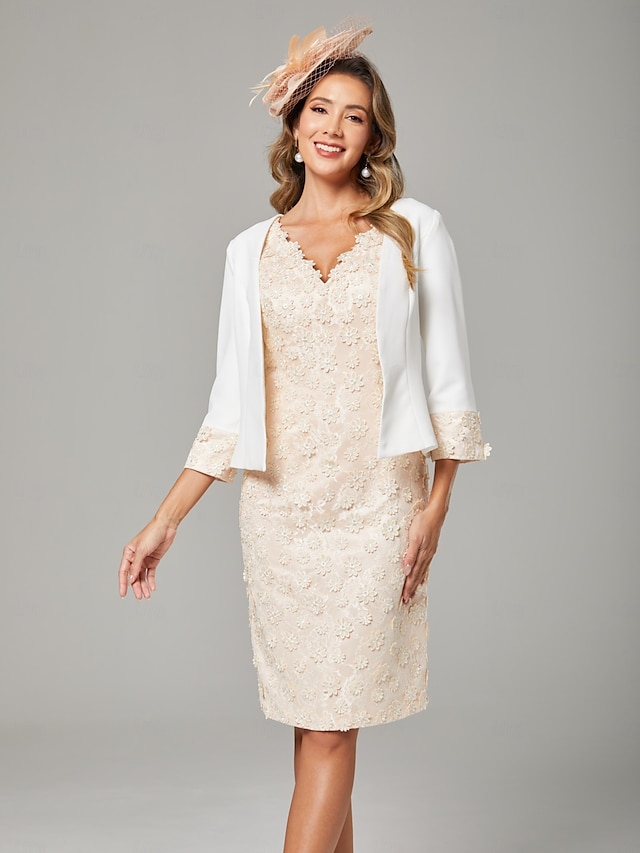  Deux Pièces Fourreau / Colonne Robe de Mère de Mariée  Elégant Col V Mi-long Mousseline de soie Dentelle Manche Courte Robes de veste courtes avec Appliques Bloc de Couleur 2025